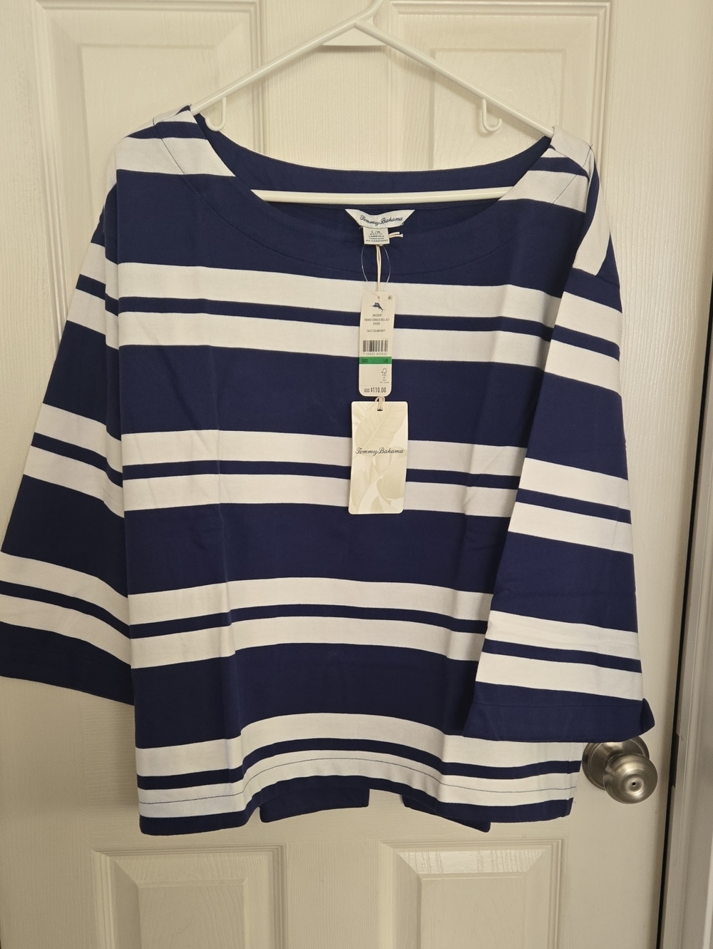 Tommy Bahama Navy and White Striped Boatneck Top